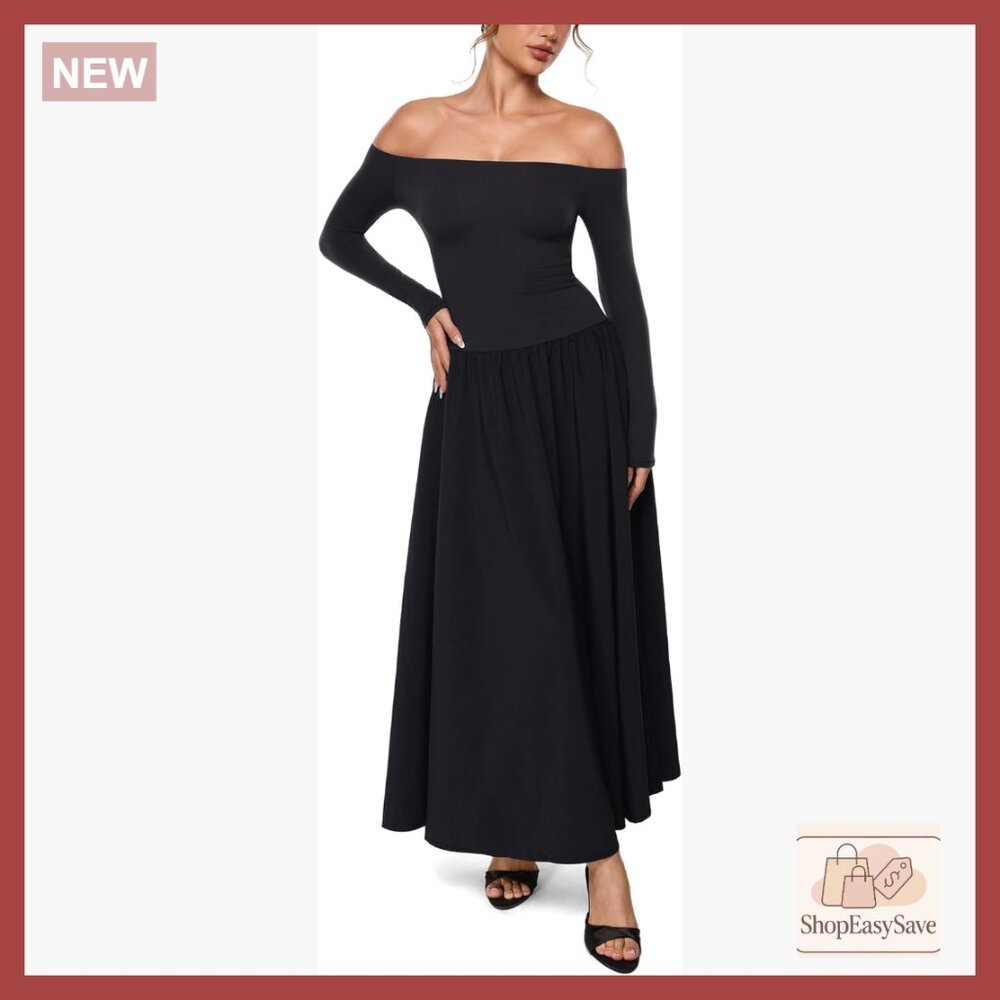 Off Shoulder Long Sleeve Maxi Dress Elegant Formal Wedding Guest Cocktail